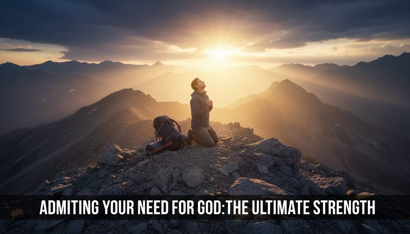 Prayerful man kneeling in mountains, seeking God's strength at dawn, symbolizing faith and reliance on divine power during challenging times.