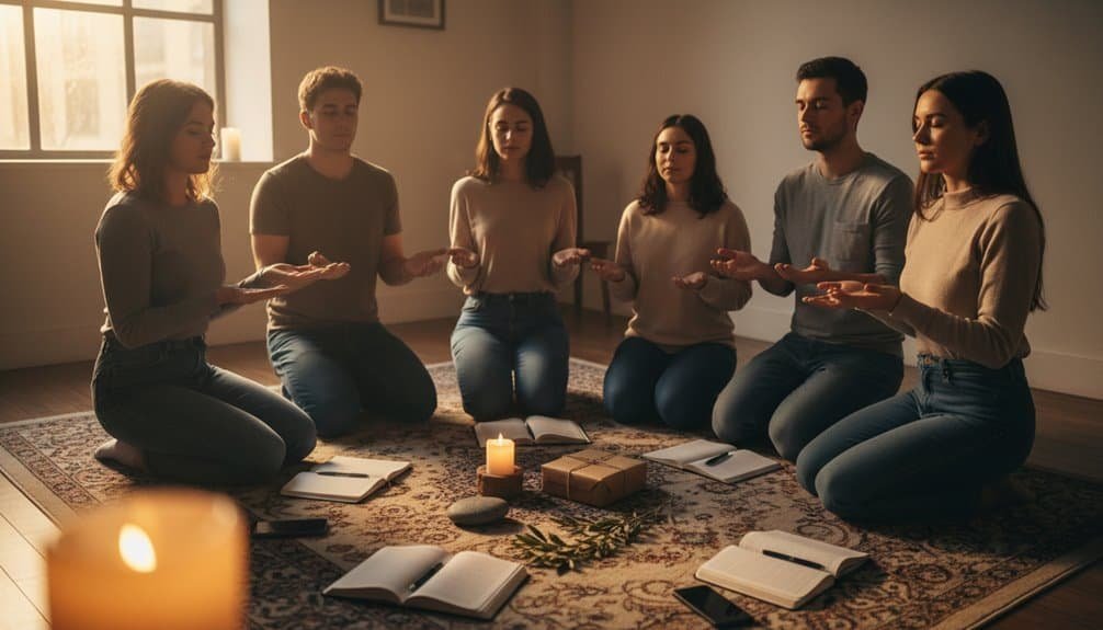 Meditating Christian friends praying together in cozy indoor setting, sharing faith and devotion, bible reading, candle, and worship in a serene atmosphere for spiritual growth.