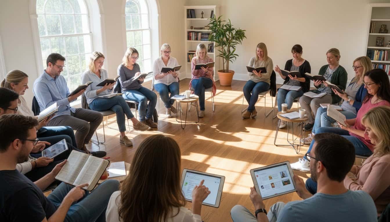 An online Bible study group gathered in a cozy, well-lit room, singing from their Bibles and digital devices, focusing on faith, worship, and community connection.