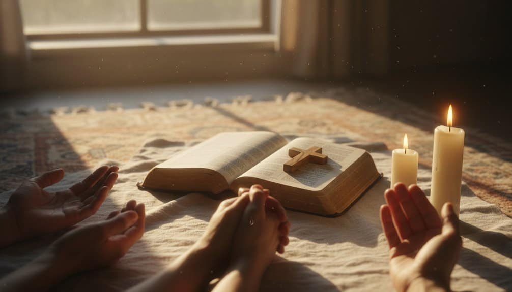 A serene scene of prayer and worship with an open Bible, a wooden cross, and candles, emphasizing faith, devotion, and spiritual connection through Bible songs and prayer.