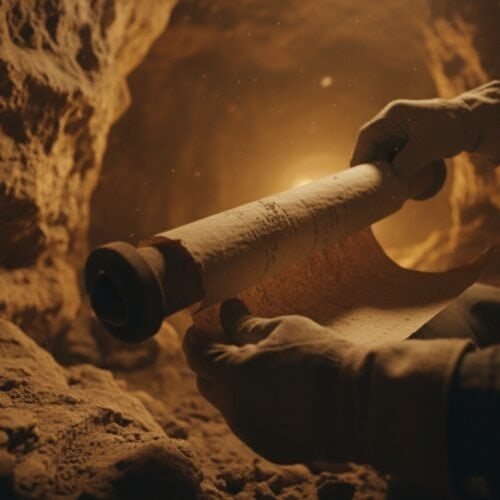 A person holds an ancient scroll inside a dimly lit cave, symbolizing discovery of sacred scriptures and spiritual journey, perfect for Bible-themed songs and religious content.