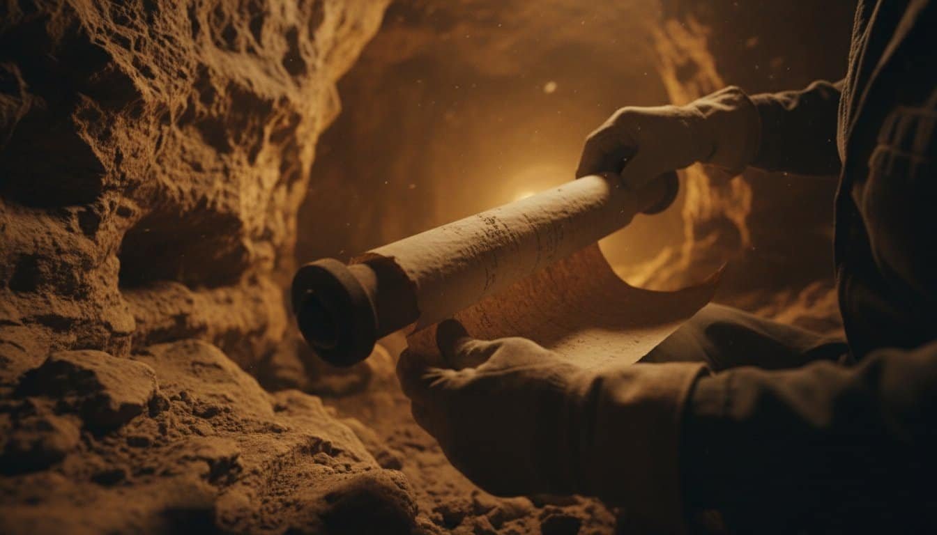A person holds an ancient scroll inside a dimly lit cave, symbolizing discovery of sacred scriptures and spiritual journey, perfect for Bible-themed songs and religious content.