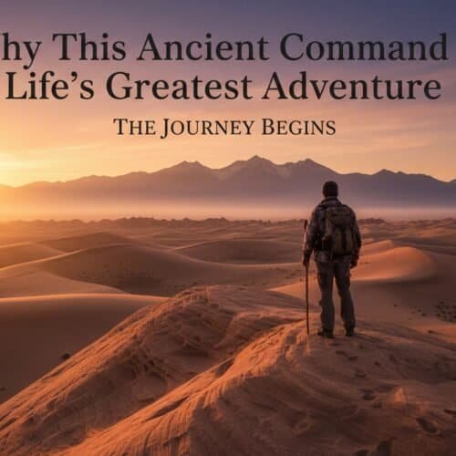 Hiker overlooking desert sunrise emphasizing spiritual adventure and faith exploration. Perfect for Christian travel, Biblical journeys, and discovering God's promises in nature.