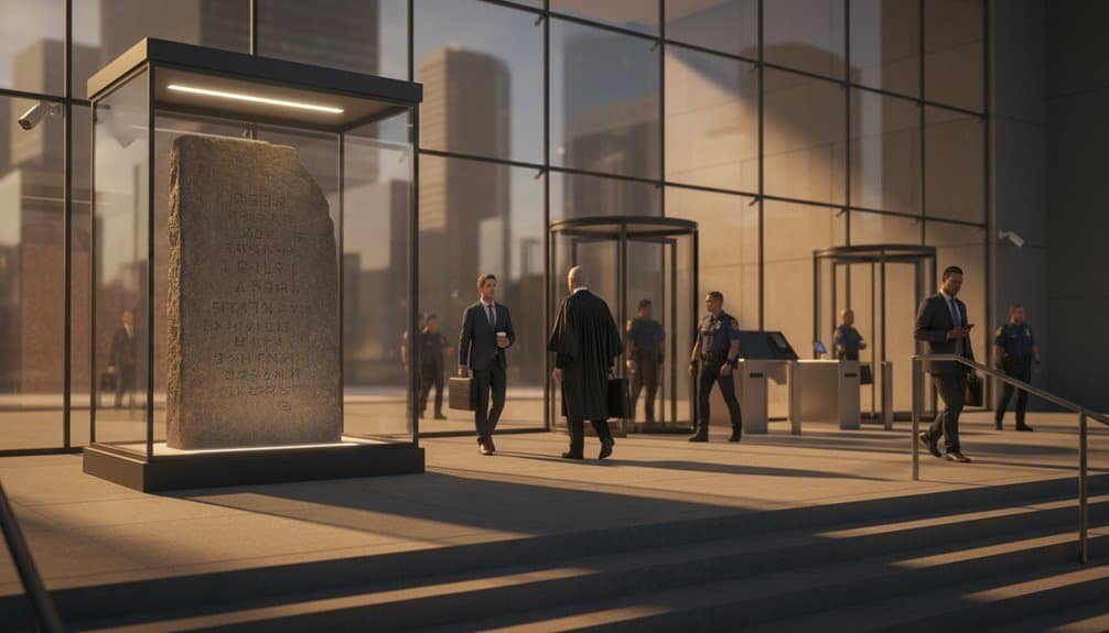 A large stone artifact displayed at the Justice Department with police officers and officials nearby, in a modern building exterior during sunset, symbolizing law, justice, and legal proceedings.