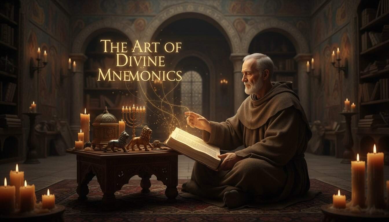 Elderly man in monk robes with beard, studying sacred texts surrounded by candles in an ornate, historic church, emphasizing spiritual memory techniques and biblical teachings.