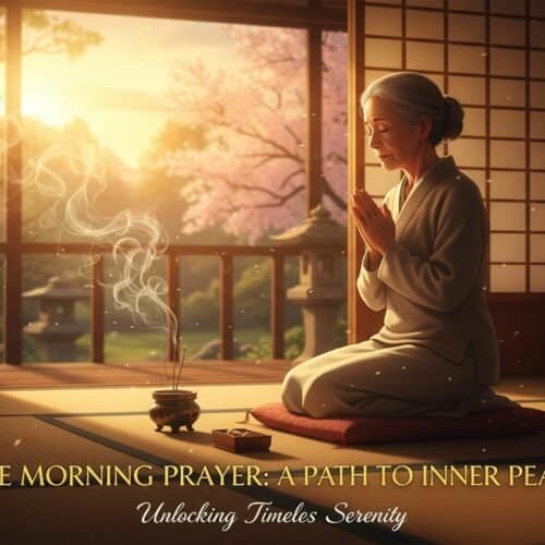 A woman praying peacefully during morning prayer session for inner peace, tranquility, and spiritual connection in a serene, traditional Japanese setting.
