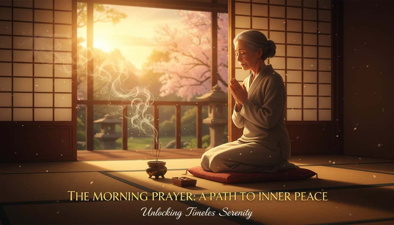 A woman praying peacefully during morning prayer session for inner peace, tranquility, and spiritual connection in a serene, traditional Japanese setting.