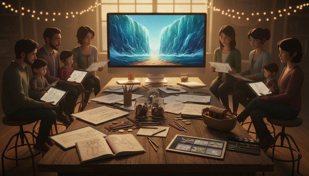 Children and adults gathered for a Bible song session with tablets, notebooks, and art supplies in a cozy, warmly-lit room. A digital screen displays a scenic landscape, enhancing the worship experience.