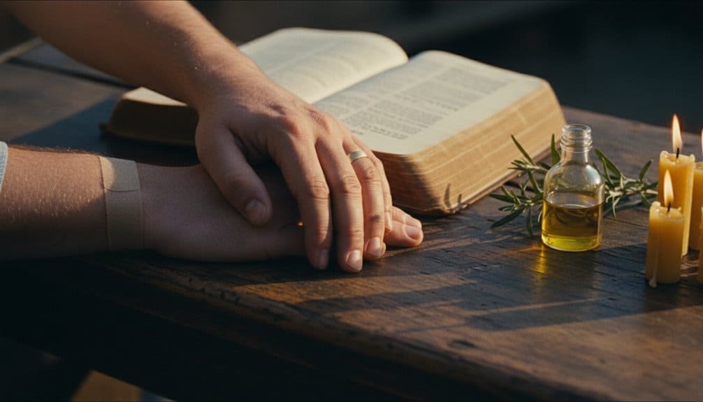 A person’s hand on top of another during prayer with an open Bible, lit candles, and olive oil on a rustic wooden table, creating a peaceful, spiritual atmosphere for prayer and worship.