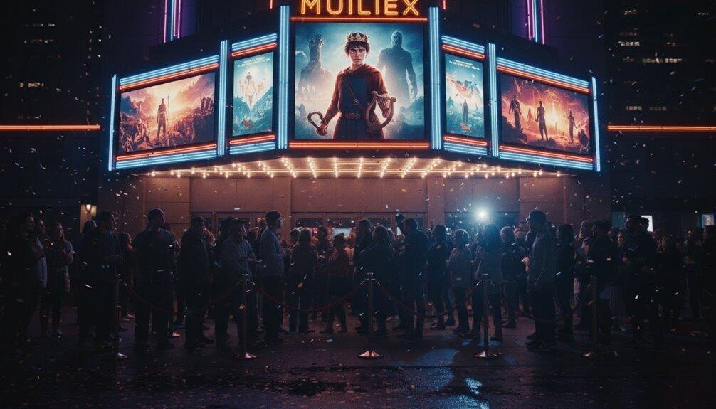 Brightly lit theater marquee displaying animated movie poster with crowd outside.