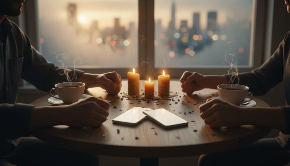 Peaceful worship scene with two people praying over coffee, candles, and confetti, symbolizing faith and devotion in a cozy indoor setting.
