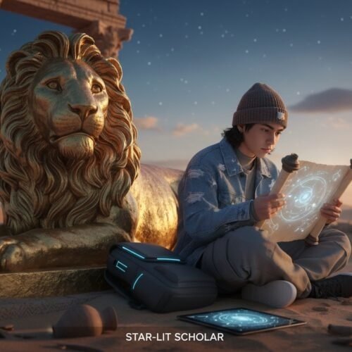 Lost in digital Bible study with modern technology surrounded by historical ruins, highlighting spiritual discovery through innovative tools.