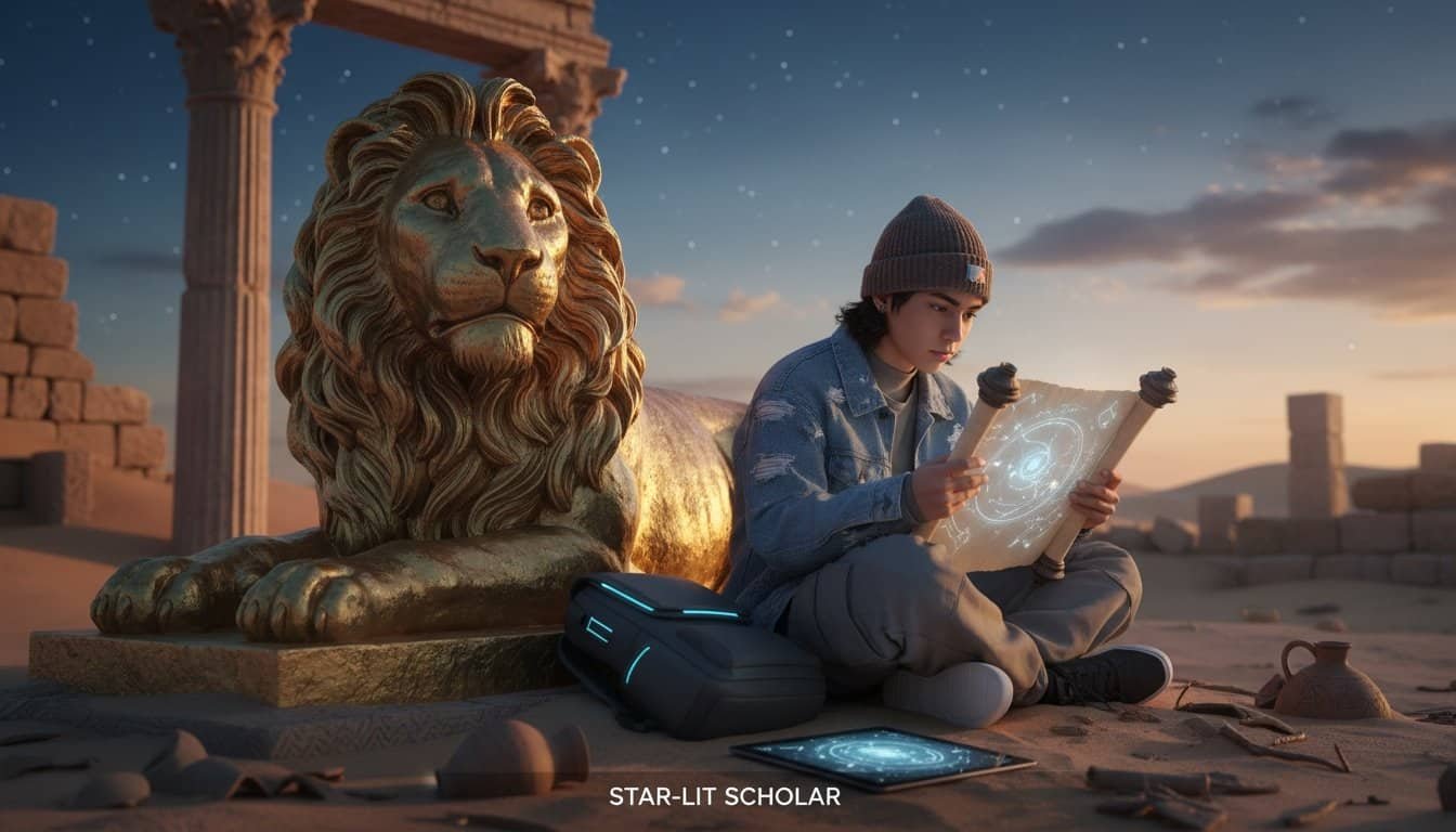 Lost in digital Bible study with modern technology surrounded by historical ruins, highlighting spiritual discovery through innovative tools.