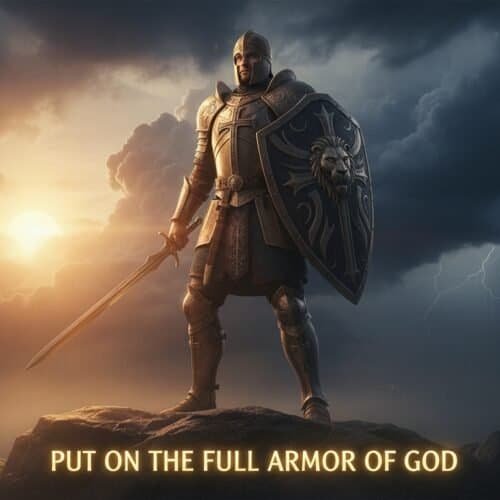 A brave knight in full armor holding a shield with a lion emblem, standing on rocky terrain as storm clouds gather and lightning strikes in the background.