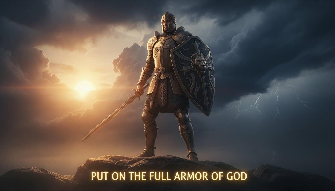 A brave knight in full armor holding a shield with a lion emblem, standing on rocky terrain as storm clouds gather and lightning strikes in the background.