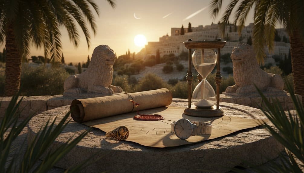 Elegant sunset scene with scroll, hourglass, and biblical symbols.