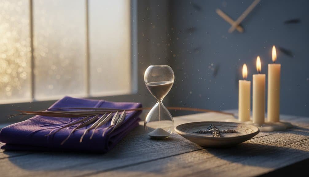 Countdown: When Lent 2025 Actually Begins This Year My Bible Song 2026 A serene scene showing a Bible with a purple cover, an hourglass, lit candles, and a decorative plate on a textured table, illuminated by warm candlelight and soft natural sunlight through a window.