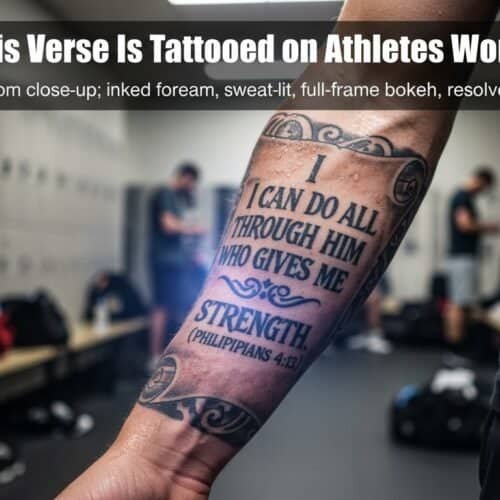 Tattooed verse on athlete's arm in locker room, showcasing Philippians 4:13 inspired tattoo emphasizing faith-based strength and motivation for athletes globally.