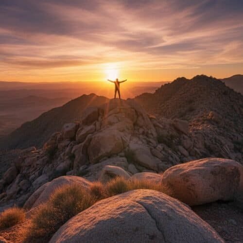Beautiful sunrise over mountains with person celebrating faith, symbolizing hope and spiritual renewal in Christian worship and biblical inspiration.