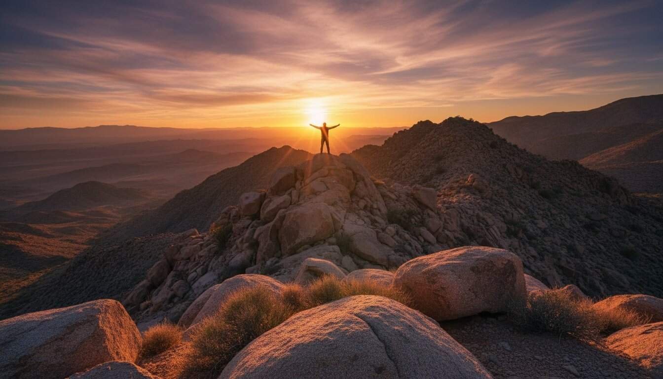 Beautiful sunrise over mountains with person celebrating faith, symbolizing hope and spiritual renewal in Christian worship and biblical inspiration.