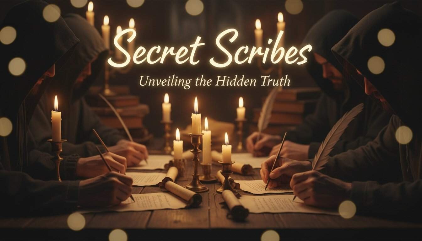 Ancient manuscript writers with quills illuminated by candlelight, studying and documenting divine truths in a cozy, mysterious setting. Perfect for Christian inspiration and Bible study themes.