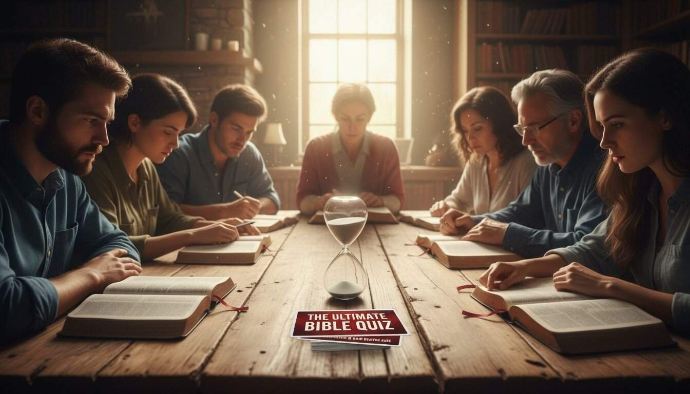 People studying Bible together in a room with sunlight, open Bible books, and a quiz booklet titled "The Ultimate Bible Quiz" on the table, emphasizing Christian learning and spiritual growth.