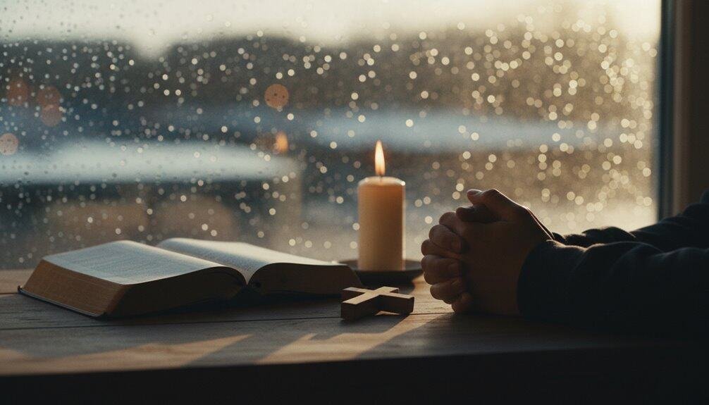 Praying hands near open Bible by candle on rainy window, spiritual devotion, faith prayer, Christian worship, peaceful contemplation, religious practice, hope reflection.