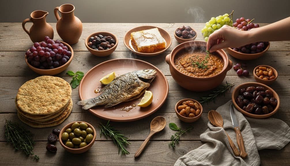 A traditional meal with bread, fish, grapes, and olives on a rustic wooden table, symbolizing biblical nourishment and fellowship, perfect for religious gatherings and spiritual communion.
