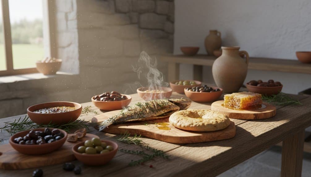 A rustic table set with traditional biblical foods including fish, bread, olives, and honey, highlighting a scene inspired by biblical meals and spiritual nourishment.