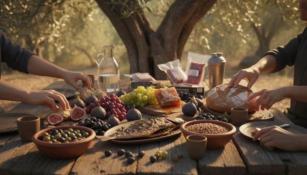 An outdoor gathering with bread, fruits, and wine set on a rustic wooden table, symbolizing a biblical feast or communion moment inspired by My Bible Song's spiritual themes and Christian faith.