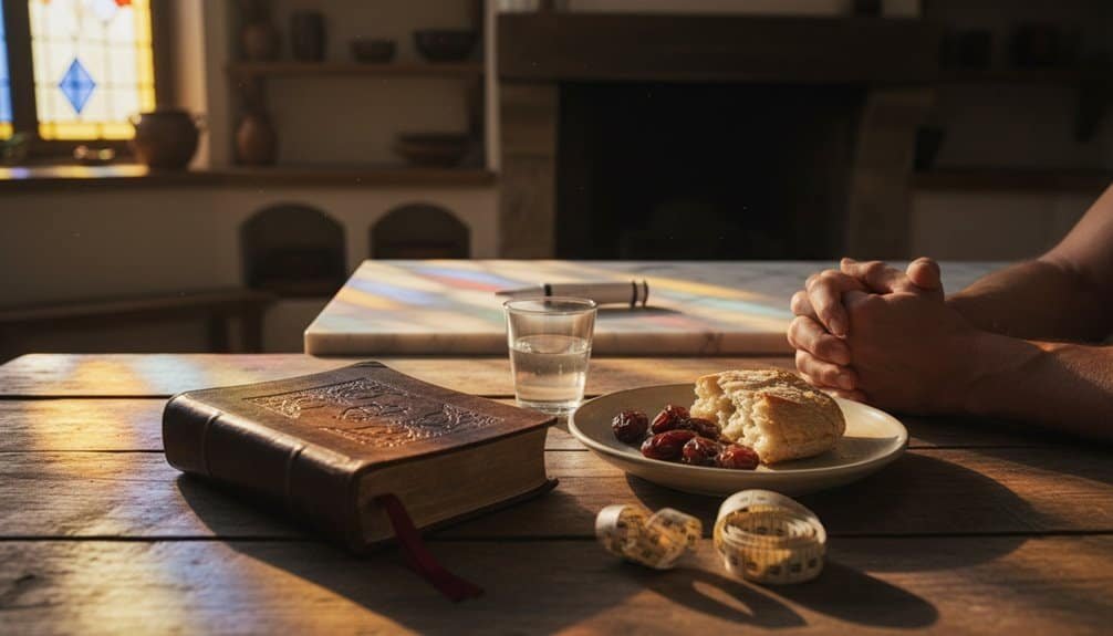 Praying hands clasped in devotion with a Bible, bread, and raisins on a rustic table enhance spiritual reflection and faith, inspired by Christian prayer and biblical teachings.