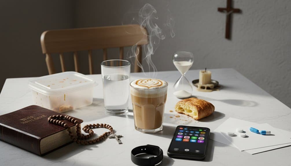 Image of a breakfast table with a Bible, prayer beads, coffee, water, donut, and medication, symbolizing faith and devotion in daily life.