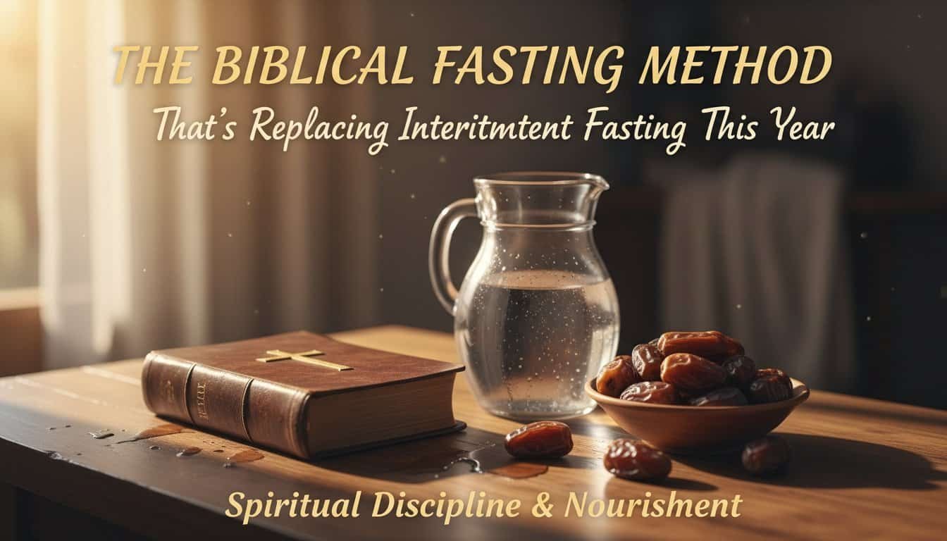 A Bible with a cross, water pitcher, and dates on a wooden table, emphasizing biblical fasting, spiritual discipline, and nourishment.