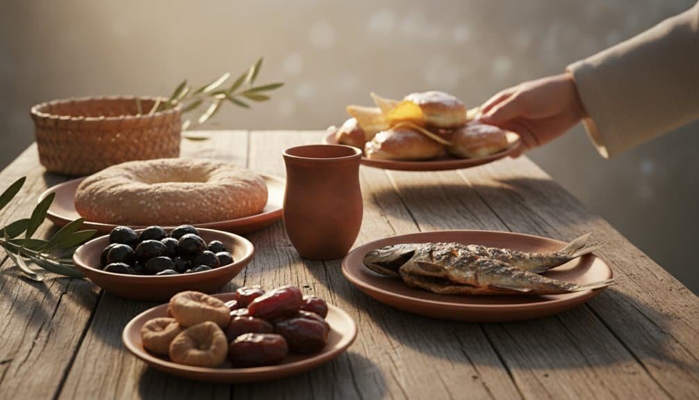 A table set with traditional Biblical foods including fish, bread, olives, figs, and dates, ideal for devotional meals inspired by Bible stories and faith-based gatherings.
