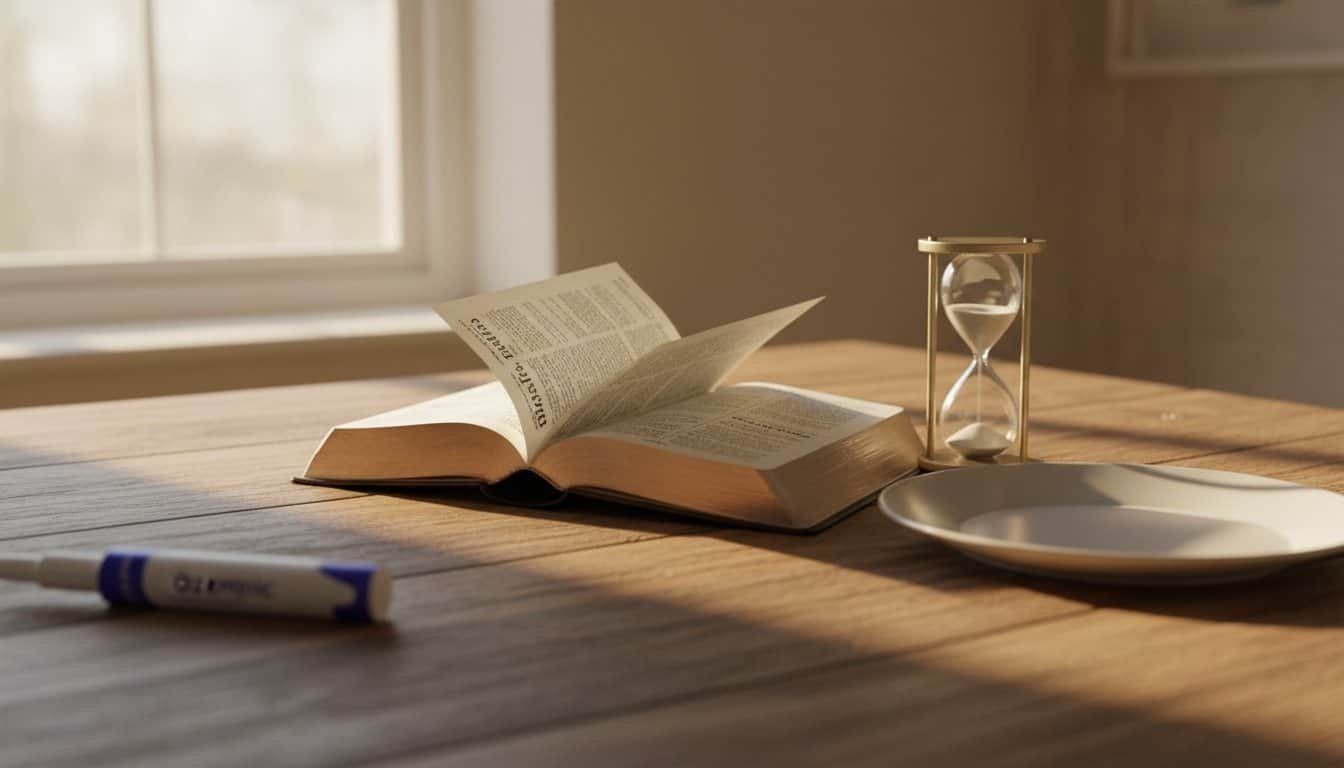Beautifully lit image of an open Bible, hourglass, and marker on a wooden table near a window.