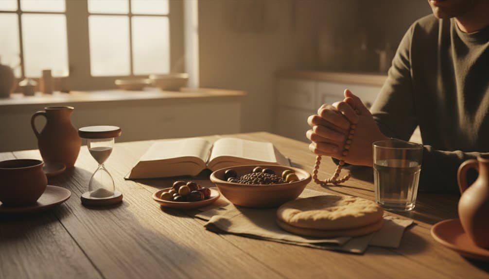A person praying with prayer beads at a wooden table with open Bible, bread, and traditional pottery in a warm, sunlit kitchen, emphasizing Christian faith and spiritual connection.