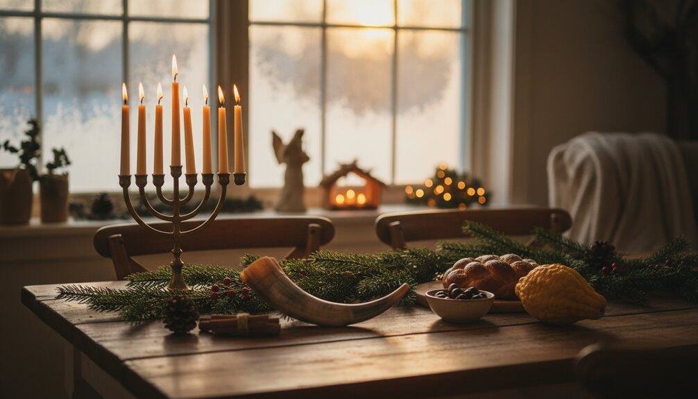 Beautiful holiday dinner table with candles, festive decorations, and traditional foods in cozy home setting, emphasizing faith and celebration during the Christmas season.