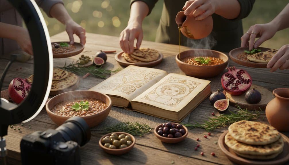 Beautiful outdoor scene of people sharing a biblical-themed meal with fresh bread, figs, olives, and a Bible open to a religious illustration, filmed for a spiritual worship or faith-inspired video.