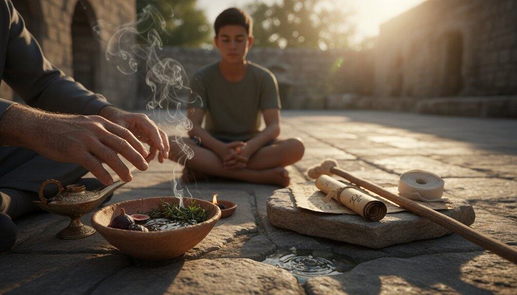Young boy sitting by a sacred ritual offering, partaking in prayer with a spiritual healer or priest in an outdoor setting at sunset. Sacred objects like scrolls and incense symbolize faith and devotion.