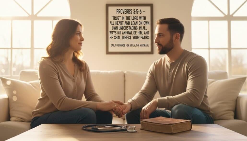 Alt: A loving couple holding hands during a church or marriage counseling session with a Bible and stethoscope on the table, and an inspirational Proverbs 3:5-6 verse on the wall.