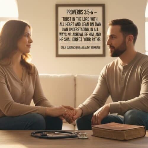 Alt: A loving couple holding hands during a church or marriage counseling session with a Bible and stethoscope on the table, and an inspirational Proverbs 3:5-6 verse on the wall.