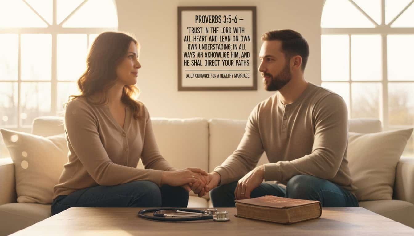 Alt: A loving couple holding hands during a church or marriage counseling session with a Bible and stethoscope on the table, and an inspirational Proverbs 3:5-6 verse on the wall.