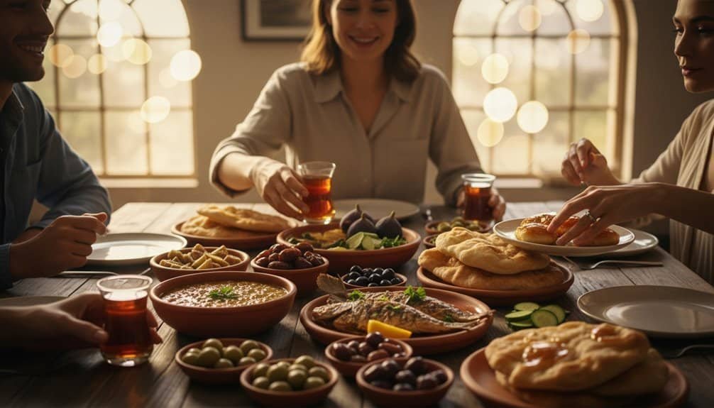 Enjoy a joyful meal with loved ones, featuring a variety of traditional dishes, fresh bread, salads, and desserts, creating a warm, welcoming atmosphere for shared happiness and faith-based connections.
