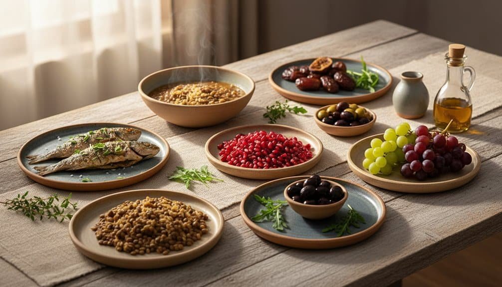 These Biblical Foods Are the Secret to Effortless Weight Loss My Bible Song 2026 Authentic biblical foods including fish, grapes, olives, and lentils served on traditional pottery for a biblical-inspired meal.