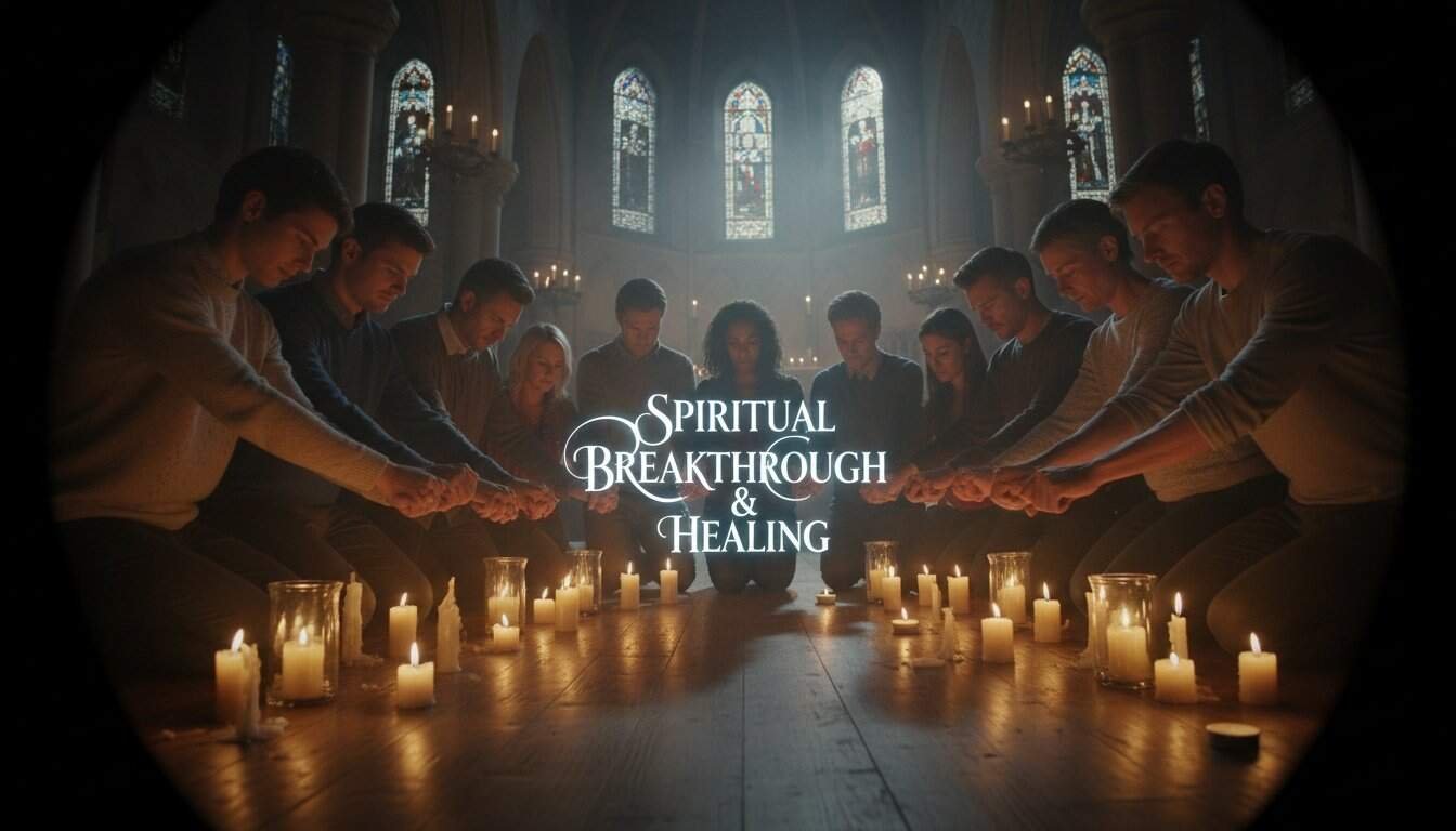 People praying with candles in church for spiritual healing and faith renewal.