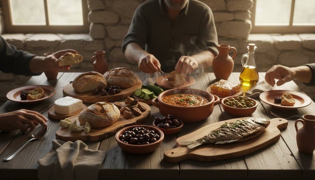A warm, inviting family meal with homemade bread, fresh vegetables, and traditional dishes on a rustic wooden table. Perfect for cozy, faith-filled moments and sharing blessings over food.