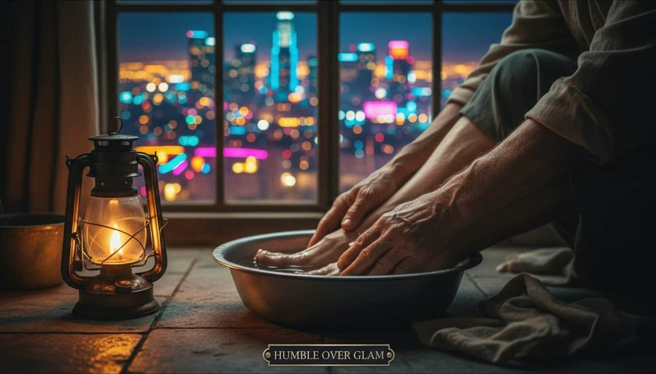 Prayer, worship, and faith reflection in a cozy indoor setting with city skyline in the background.