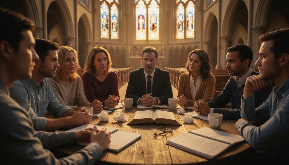 Alt text: A diverse group of people sitting around a table in a church, engaged in a discussion or prayer, with stained glass windows behind them, emphasizing faith and community.