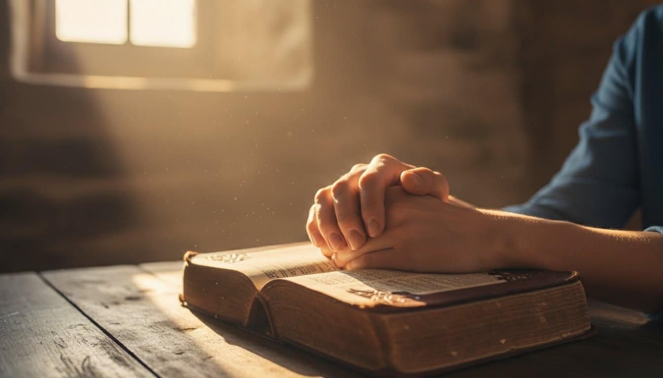 Prayer hands on open Bible, spiritual worship, faith, devotion, Christian prayer, religious activity, bible study, worship, peaceful, contemplative, prayer time, devotion, spiritual growth, religious life, biblical reading, prayerful atmosphere.