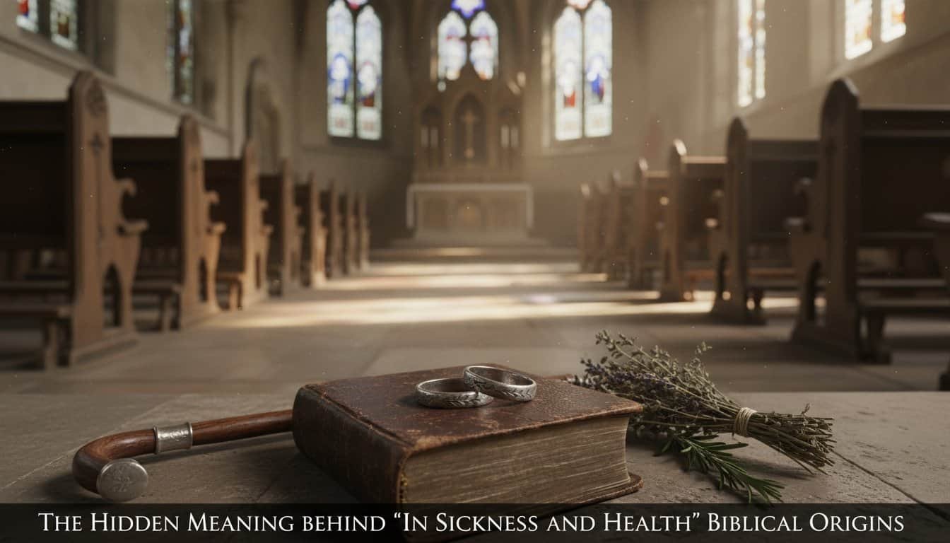 Discover the biblical origins of "In Sickness and Health" with a focus on faith, marriage vows, and spiritual blessings, illustrated by wedding rings, a Bible, and a church altar.